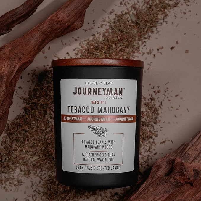 Journeyman Collection Candle, 15oz, Wooden Wick, Tobacco Mahogany, Large Painted Jar - Bloomnest