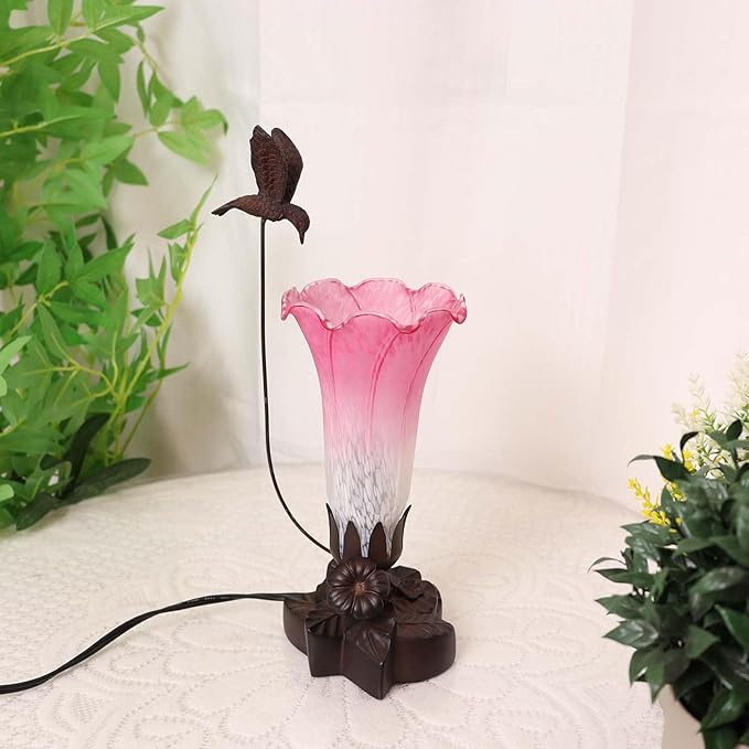 Bieye LL02 Hummingbird Flying Over Lily Flower Blown Glass Table Lamp for Home Decor (White Pink, 4.25Wx12H)