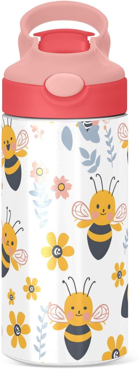 Funny Bee Honey Kids Insulated Water Bottle, Toddlers Tumbler Travel Cup with Straw & Handle Stainless Steel Cup for Travel School Girls 12 oz - Bloomnest