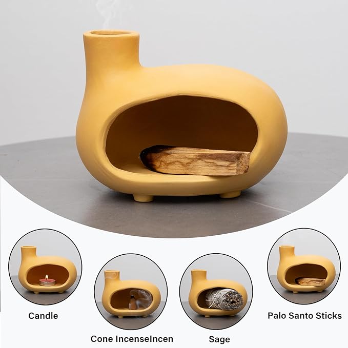 Yellow Palo Santo Holder with Chimney–Mini Fireplace Incense Burner for Sage Burning, Wood Sticks, Cones&Tealights-Handcrafted Ceramic Smudge Bowl,Aromatic Incense Burner-Yoga Meditation Gift - Bloomnest