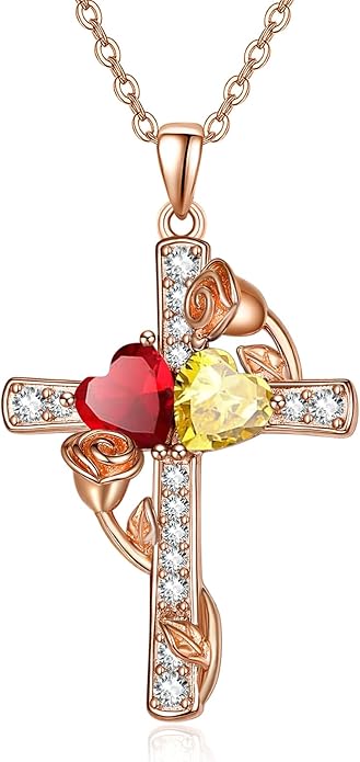 Rose Gold Dual Birthstones Cross Necklace for Women Rose Flower Jewelry Anniversary Christmas Mother's Valentine's Day Birthday Gift for Wife Girlfriend Mom - Bloomnest