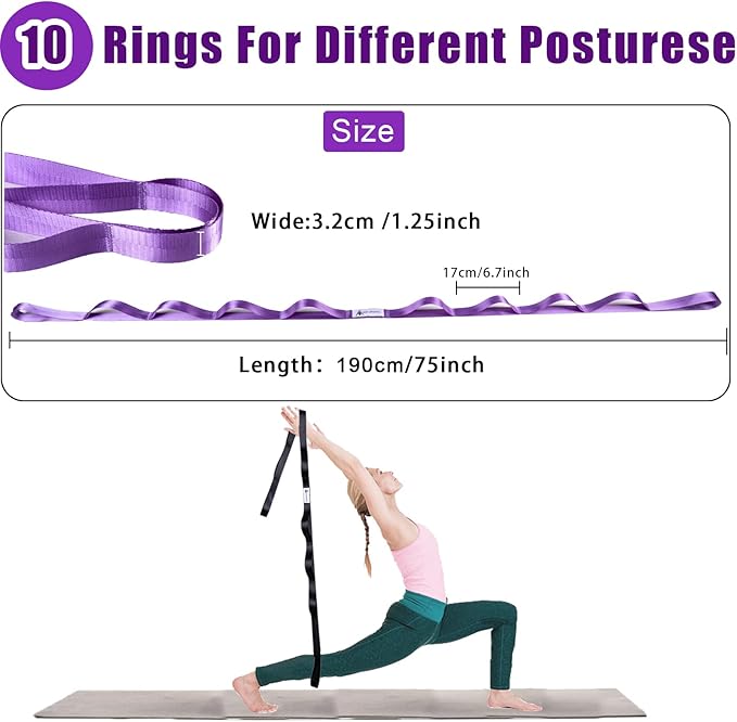 Oak-Sports Stretching Strap Yoga Strap for Physical Therapy with 10 Loops, Yoga Straps for Stretching, Upgraded Non-Elastic Stretch Band for Pilates, Dance and Gymnastics with Workout Guide - Bloomnest