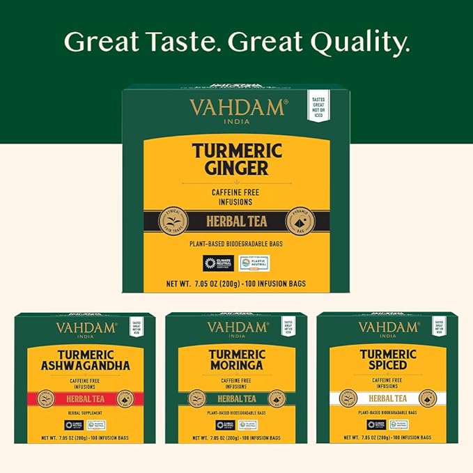 VAHDAM, Organic Turmeric Ginger Herbal Tea Bags (100 Pyramid Tea Bags) Caffeine Free, Non GMO | 100% Pure Herbal Blend - Savory & Spicy, Plant-Based Teabags | Resealable Ziplock Pouch - Bloomnest
