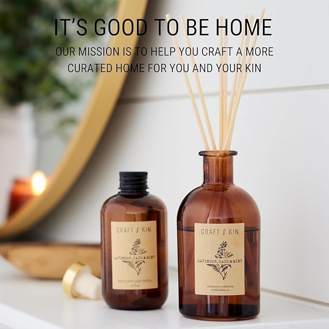 Craft & Kin Sage, Mint & Lavender Reed Diffuser | All Natural Essential Oil & 8 Rattan Scent Sticks | Reed Diffusers for Home, Bathroom | Long Lasting Home Fragrance in Amber Glass, 5.75oz CraftKin