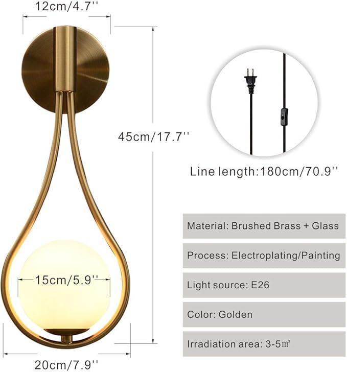 Modo Lighting Glass Ball Wall Sconce Plug in Mid Century Modern Drop Design Wall Light Brushed Brass Gold Wall Lamps for Bedside Living Room (with Plug in 2 Pack) - Bloomnest