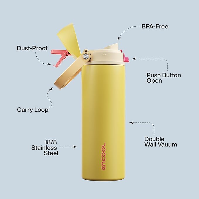 Insulated Water Bottle with Straw - Encool Stainless Steel Water Bottle with Push Button Lid, Leak-Proof & BPA-Free, Keeps Cold for 24 Hours for Sports, Travel, Gym (24 oz, Ginger) ENCOOL