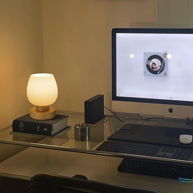 Touch Bedside Table Lamp - Desert Titanium Color Glass Lamp Shade, Warm LED Bulb, 3 Way Dimmable, Simple Design - Bloomnest