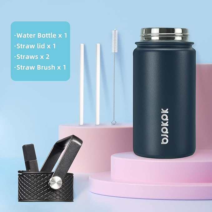 BJPKPK Water Bottle with Straw Lid, 15 oz Insulated Water Bottle, Stainless Steel Metal Water Bottles, Reusable Leak Proof BPA Free Thermo, Flask, Cups, Macaron-Navy Blue - Bloomnest
