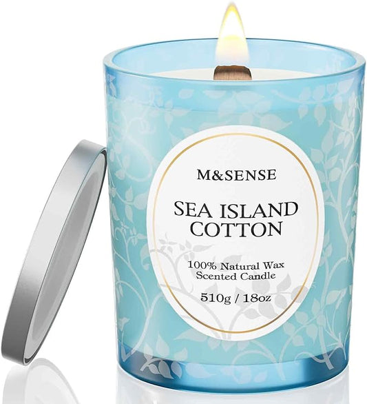 M&SENSE Sea & Cotton Scented Candle, Cracking Wooden Wick Soy Wax, 18oz 100 Hours Long Lasting Clean Burn, Large Summer Candles for Home Decor, Non-Toxic Relaxing Aromatherapy Gifts for Women - Bloomnest
