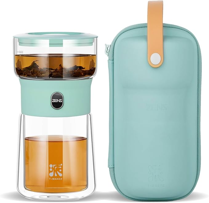 ZENS Modern Glass infuser Teapot, Small One Touch Tea Maker for Loose Tea Diffusers with 200ml Insulated Cup and Blue Portable Carry Case, Magic Gongfu Tea Pot for Tea Lovers Gifts - Bloomnest