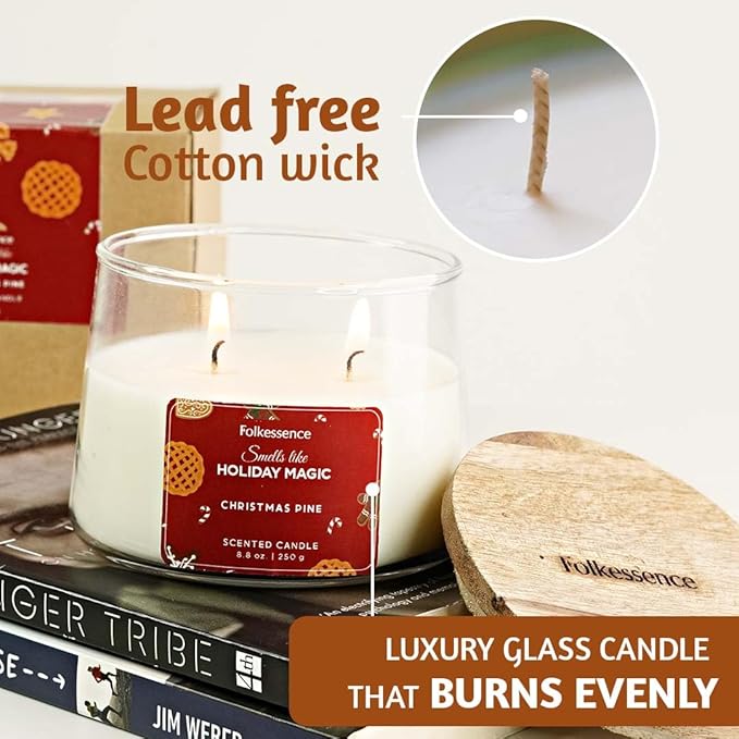 Folkulture Holiday Magic Christmas Scented Candle | Large 250g - Pine Scent | Two Wick Soy Christmas Candles | Non-Toxic Winter Candles for Relaxing | Long Lasting Aromatherapy | Xmas Holiday Gifts - Bloomnest