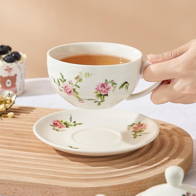 Porcelain Tea for One Set, Floral Ceramic Tea for One Teapot and Cup Set, 12oz Rattan Flowers Tea Set Gift for women - Bloomnest