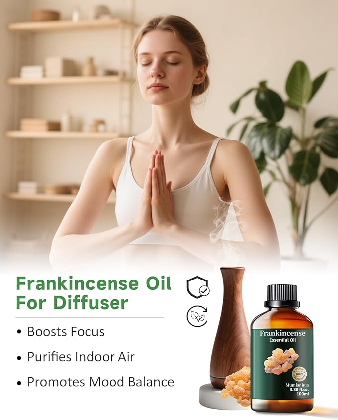 Mumianhua 100% Pure Frankincense Essential Oil Natural Frankincense Oil for Aromatherapy Therapeutic Grade Resin Oil for Skin, Meditation Diffuser & Candle Making | for Home & Office Focus 3.38 Fl Oz - Bloomnest