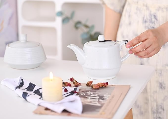 Rural Style Ceramic Teapot with Stainless Steel Infuser 16 Ounces Porcelain Blooming & Loose Leaf Teapot (White)