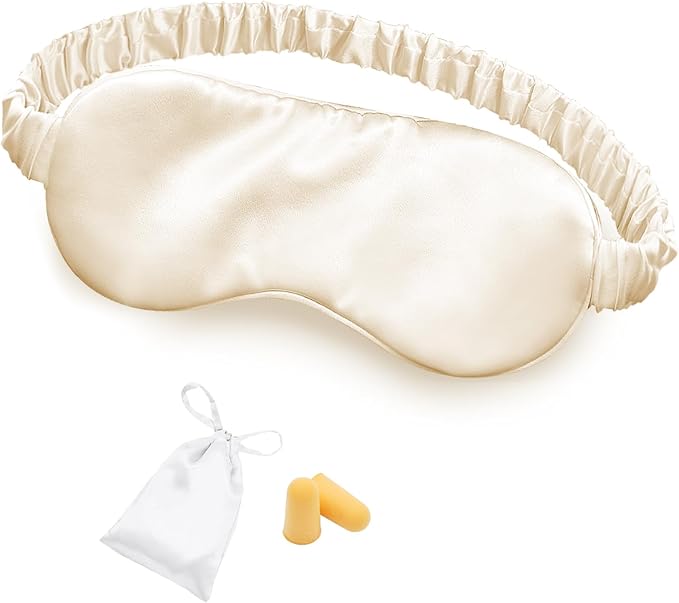 Silk Sleep Mask Eye Mask Blindfold with Double Layer Silk Filling and Elastic Strap for Full Night's Sleep, Travel and Nap, Soft Eye Cover Eyeshade with Luxury Bag and Ear Plugs (Champagne) - Bloomnest