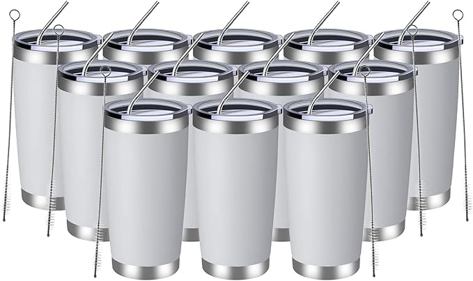MEWAY 20oz Tumbler 12 Pack Double Wall Vacuum Insulated Travel Mug Bulk, Stainless Steel Tumblers with Lid and Straw, Durable Powder Coated Coffee Cups for Cold & Hot Drinks (White, 12) - Bloomnest