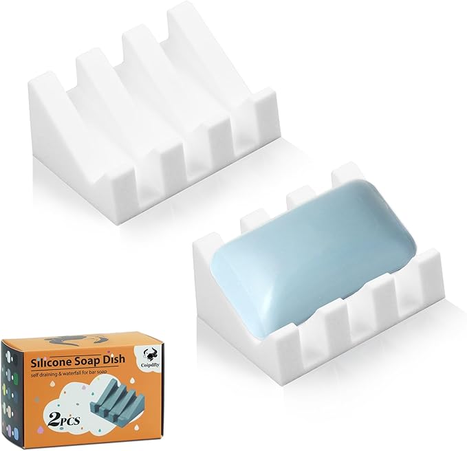 Self Draining Soap Dish Holder,Silicone Soap Dish,for Bathroom,Kitchen, Sponges，Can Extend Soap Life，Keep Soap Bars Dry and Easy Cleaning (White,2-Pack) - Bloomnest