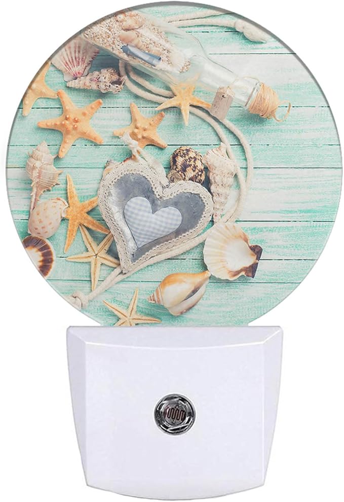 EKOBLA Beach Night Lights Plug into Wall Seashell Starfish on Wooden Board Coastal Led Dusk to Dawn Plug-in Nightlights Auto Sensor for Home Indoor Bathroom Hallway Kitchen - Bloomnest
