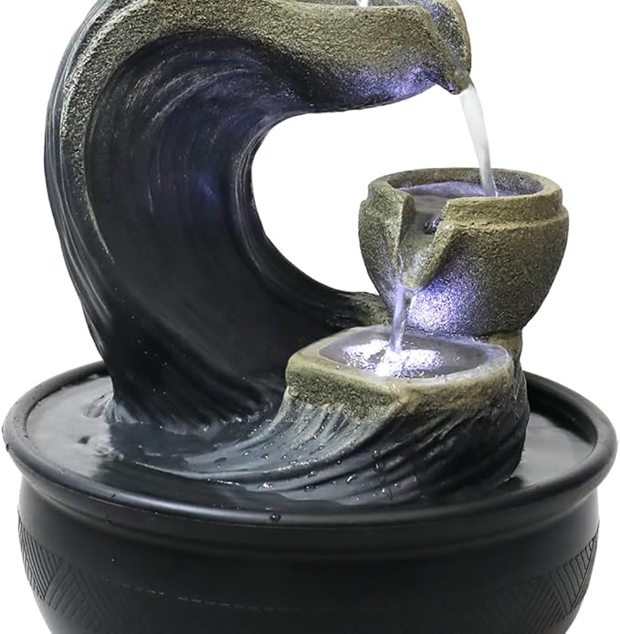 Indoor Tabletop Water Fountain with LED Light - 15.7-inch High 4-Tier Desktop Waterfall Fountain for Home Bedroom Office Decor