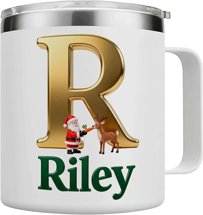 Personalized Christmas Insulated Coffee Mug with Handle – Custom Gold Initial Letter [O] with Santa & Reindeer & Green Name [Olivia] – [Your Brand Name] (B120) - Bloomnest