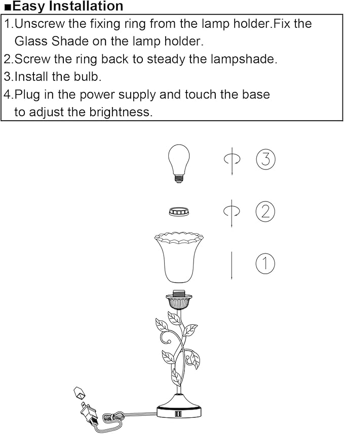 RORIANO Touch Bedside Lamp with 2 USB Charging Ports, 3-Way Dimmable Nightstand Lamps, White Glass Shade Vintage Rural Leaf Lamp for Living Room Tabletop Bedroom Side Table, LED Bulb Included - Bloomnest