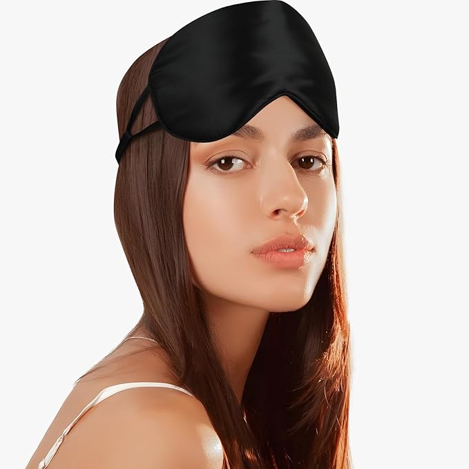 Adjustable Silk Sleeping Mask for Travel/Plane/Side Sleeper Pure Mulberry Silk Eye Mask for Sleep/Men/Women/Adults Thin Cooling Eye Cover,Black - Bloomnest