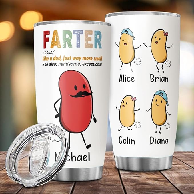 Funny Custom Farter Tumbler for Dad, 20oz or 30oz Stainless Steel Insulated Mug, Personalized Gift from Kids, Joke Travel Cup with Name and Cartoon Beans, Father’s Day or Birthday Gag Gift - Bloomnest