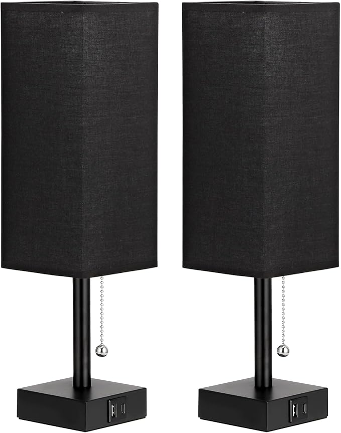 Bedside Table Lamps Set of 2 - Black Bedroom Lamps with 3 Color Temperatures (3000K/5000K/4000K), Two Square Nightstand Lamps with USB C + A Charging Ports, Pull Chain Small Night Light for End Table - Bloomnest