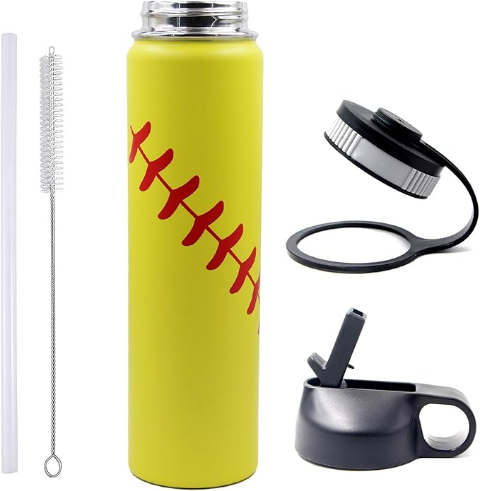 25 oz Softball Water Bottle, Wide Mouth Sports Flask Metal Travel Tumbler with 2 Lids, Stainless Steel Double Wall Vacuum Insulated Leak Proof Thermo Water Bottles, Softball Stuff Gifts for Mom Girls - Bloomnest