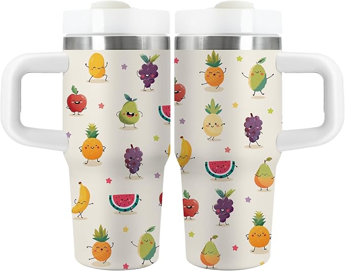 Fruit Tumbler Gifts - 14 oz Kids Tumbler with Handle & Lid, Stainless Steel Insulated Cup, Featuring Apple, Pineapple, Grape, Watermelon, for School, Travel, Daily use Children's Birthday Gift (1pc) Bloomnest