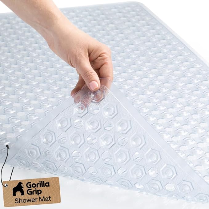 GORILLA GRIP Patented Bath Tub Shower Mat, Machine Washable Bathtub Floor Liner Mats, Suction Cups and Drain Holes to Keep Tubs Clean, Soft on Feet, Bathroom Essentials, 35x16 Inch, Clear - Bloomnest