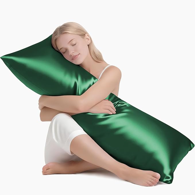 MR&HM Satin Body Pillow Cover, Soft and Breathable Body Pillow Case with Envelope Closure, Cooling and Silky Long Pillowcase for Hair and Skin (20x54, Dark Green) - Bloomnest