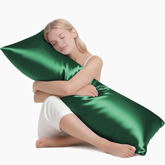 MR&HM Satin Body Pillow Cover, Soft and Breathable Body Pillow Case with Envelope Closure, Cooling and Silky Long Pillowcase for Hair and Skin (20x54, Dark Green) - Bloomnest