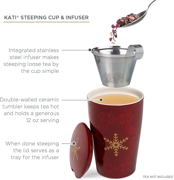 Tea Forte Double-Walled Ceramic Kati Cup, Removable Stainless Steel Infuser Basket and Lid, Steeps 12 oz Loose Leaf Tea, Dishwasher & Microwave Safe, Warming Joy - Bloomnest