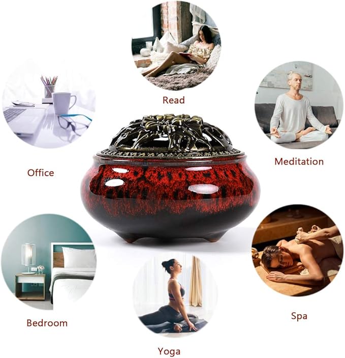 Incense Burner with Calabash Incense Stick Holder - Porcelain Charcoal Censer for Use with Resin Granular Powder Cone or Coil Incense (Fambe Red) - Bloomnest