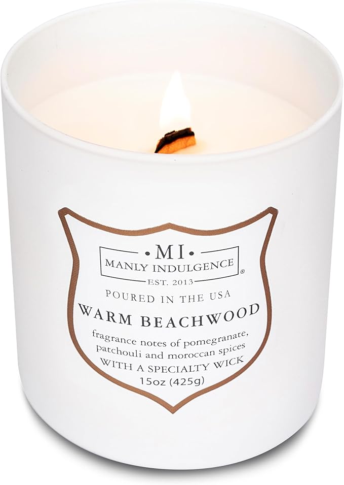 Manly Indulgence Warm Beachwood Scented Candles for Men, 15 oz Wooden Wick, Premium Soy Blend Wax, 60H Burn, Candles for Home Scented - Made in The USA - Bloomnest