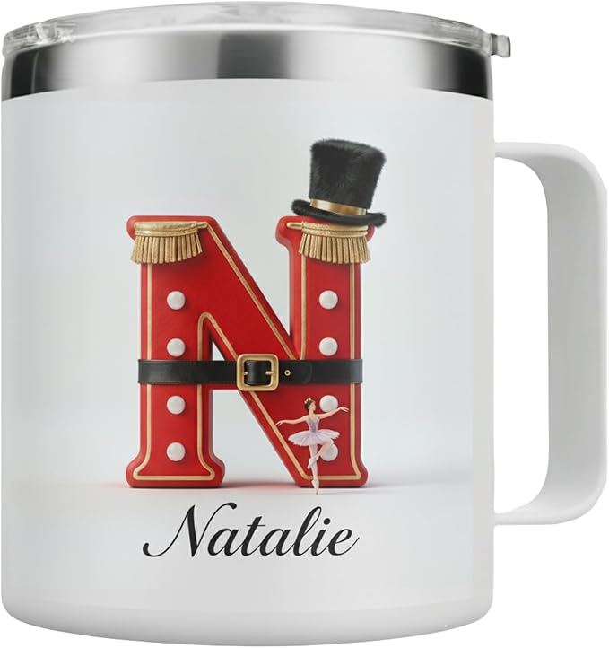 Personalized Nutcracker Ballet Mug with Custom Name & Initial - 14oz Insulated Coffee Tumbler with Handle & Lid - Elegant Christmas Gift for Dancers, Ballerinas, Women & Girls (B65) - Bloomnest