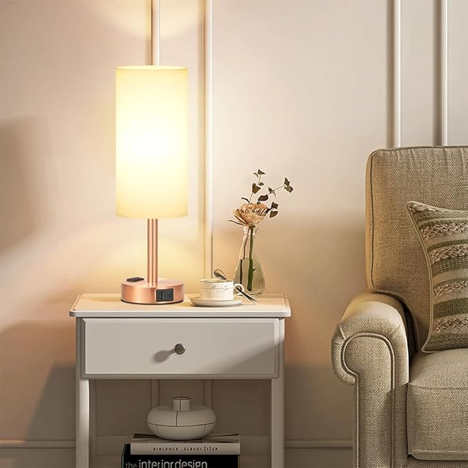 Fenmzee Bronze Nightstand Bedroom Lamp - 3 Way Dimmable Bedside Lamp USB C A Charging Ports and AC Outlet, Small Table Lamp White Linen Lampshade for Desk, LED Bulb Included - Bloomnest