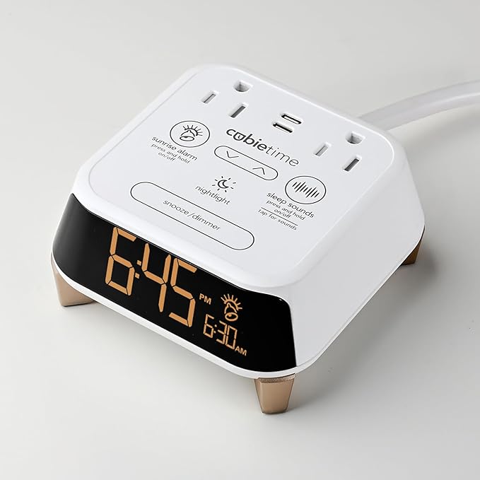 Brandstand CubieTime Zen White | Alarm Clock Charger with White Noise and Sunrise Alarm | 2 USB-C Ports | 2 Tamper Resistant Outlets |Night Light
