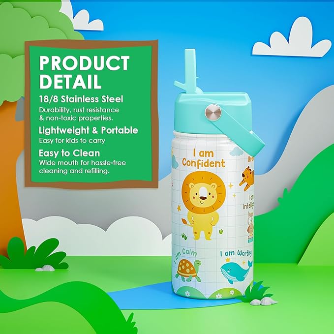 Animal Water Bottle 12oz for Kid Stainless Steel with Straw Lid, Kids Water Bottle, Travel Tumbler, Inspiration Gifts for Girls Boys, Birthday Christmas Back To School - Bloomnest