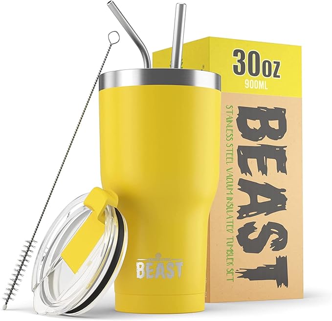 Beast 30 oz Tumbler Stainless Steel Vacuum Insulated Coffee Ice Cup Double Wall Travel Flask (Lemon) - Bloomnest