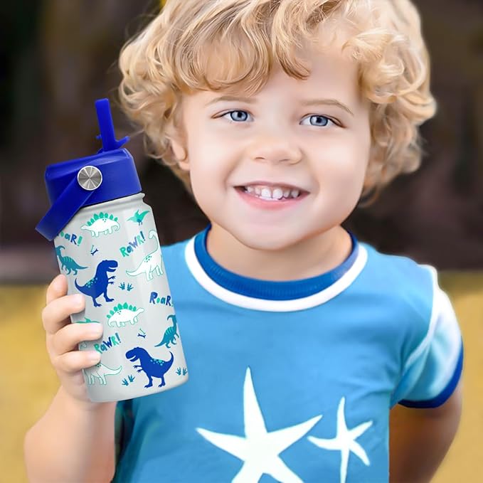 SANDJEST Dinosaur 12 oz Insulated Stainless Steel Water Bottle with Straw Lid - Thermos for Kids & Teens - School, Sports, Travel Cup - Bloomnest