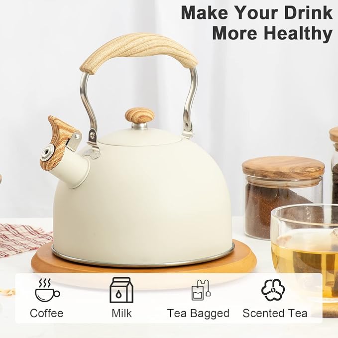 2.6 Quart/2.5 L Whistling Tea Kettles with Wood Grain adjustment Nylon Handle, Capsule Base Tea Kettle, White (White) - Bloomnest