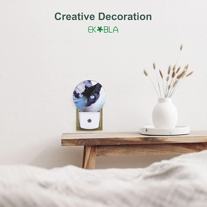 EKOBLA Kitten Animal LED Night Light Black Cat Hiding Behind White Flowers Dusk to Dawn Plug-in Nightlights Auto Sensor for Home Indoor Bathroom Hallway Kitchen - Bloomnest