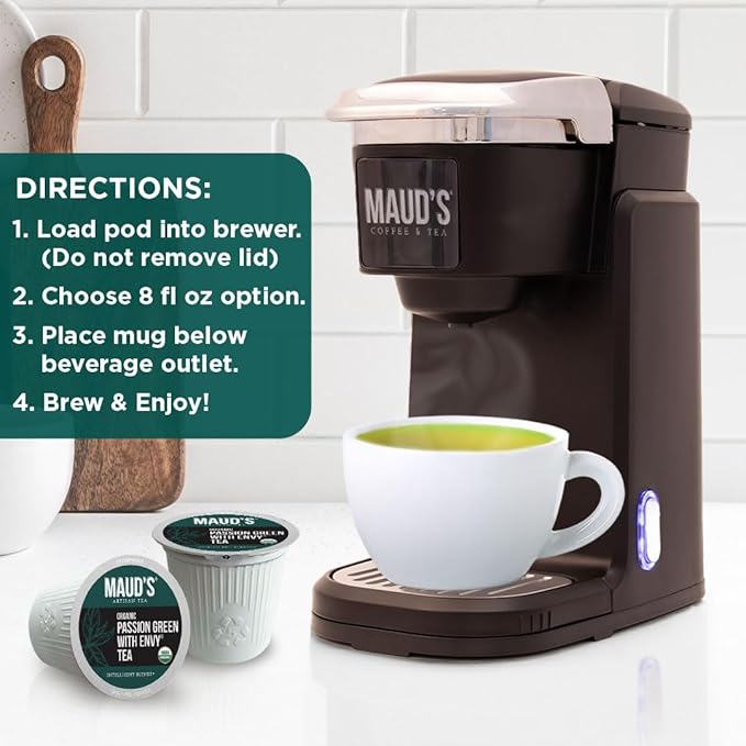Maud's Organic Passion Green Tea Pods, 24 ct, Recyclable Single Serve Tea Pods – 100% Gourmet Blended Tea Leaves, Compatible with Keurig K Cups Maker - Bloomnest