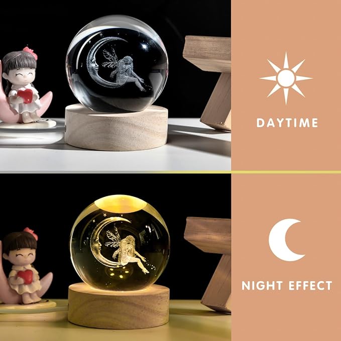 3D Fairy Crystal Ball with LED Stand, Fairies Figurines Lamp Night Light, Fairy Moon Decor Glass Sphere Balls Gifts for Women Girls Mom Kids(60mm) - Bloomnest