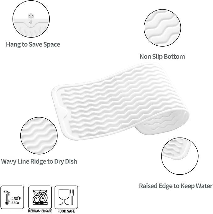 Silicone Dish Drying Mat for Multiple Usage,Easy clean,Eco-friendly,Heat-resistant Silicone Mat for Kitchen Counter,Sink,Bar,Bottle,or Cup White M 17 inches x 6 inches - Bloomnest
