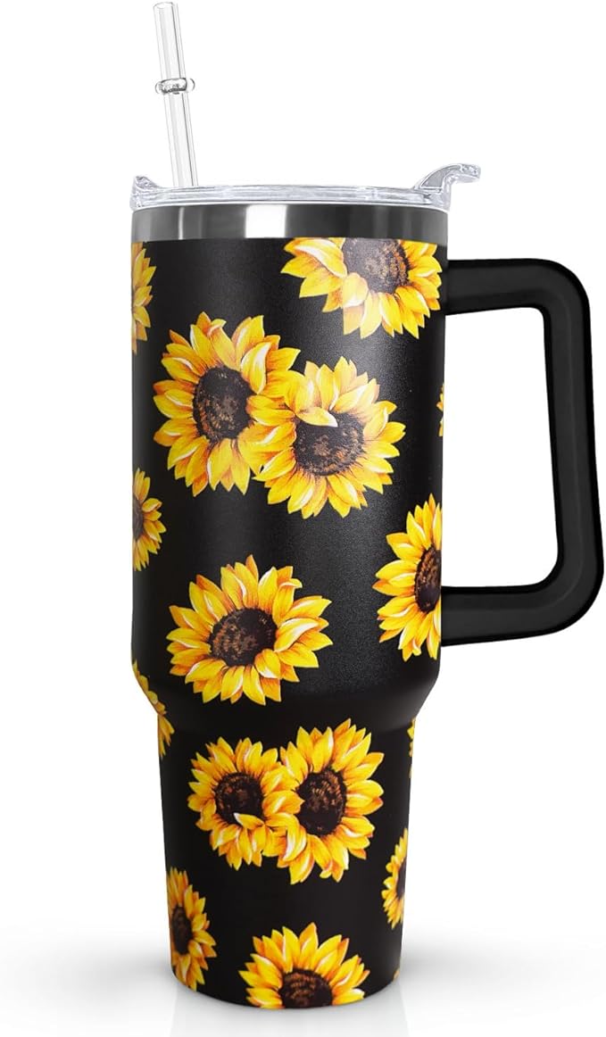 Ceovfoi Sunflower 40 oz Insulated Stainless Steel Tumbler with Handle and Straw - Bloomnest