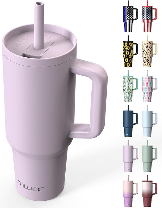 TILUCK 40 oz Tumbler with Handle, Vacuum Insulated Stainless Steel Travel Mug with 100% Leak-Proof Silicone Straw Lid, Cupholder Friendly Water Bottle(LightPurple, 40oz)