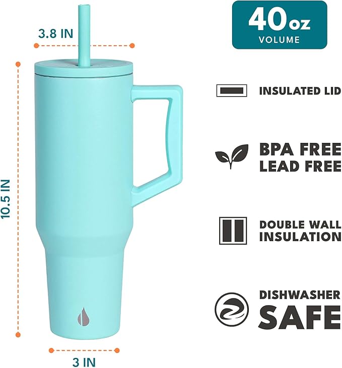 Elemental 40oz Tumbler with Handle and Straw - Spill Proof Insulated Stainless Steel Commuter for Hot & Cold Beverages - Travel Coffee Mug with 2 Straws & Spill Proof Lid - 40 oz - Robin's Egg - Bloomnest